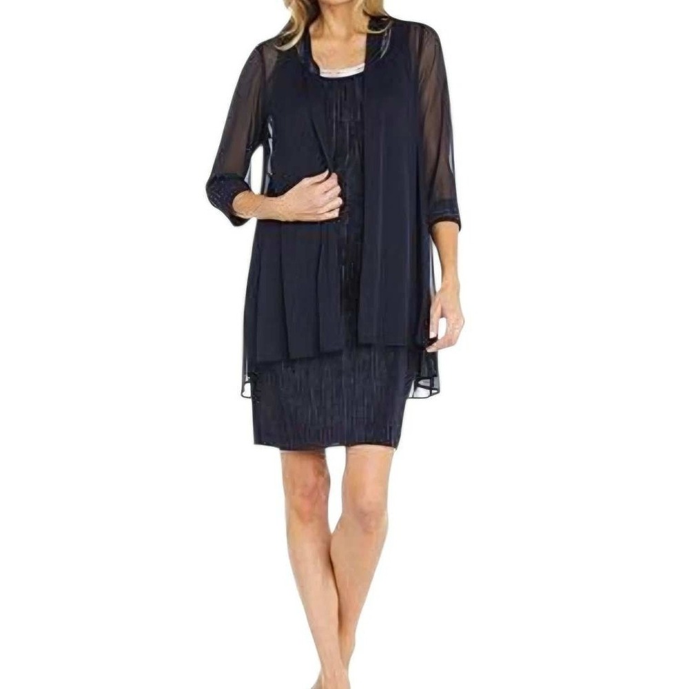 R&M Richards Womens Jacket Dress Set Embellished Shimmer Navy Size‎ 8